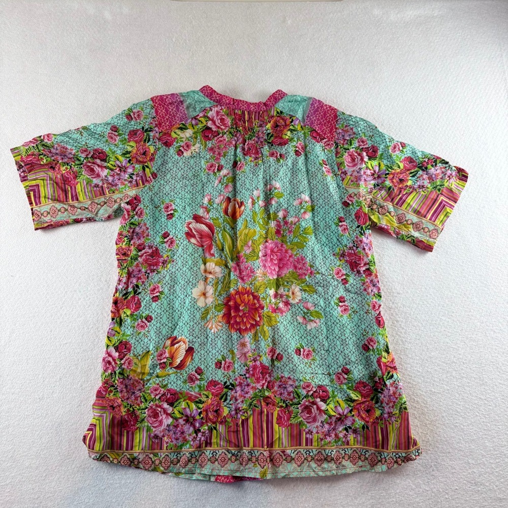 Johnny Was Womens Medium Silk Floral Patchwork Button Down Blouse Pink Turquoise - Picture 6 of 6